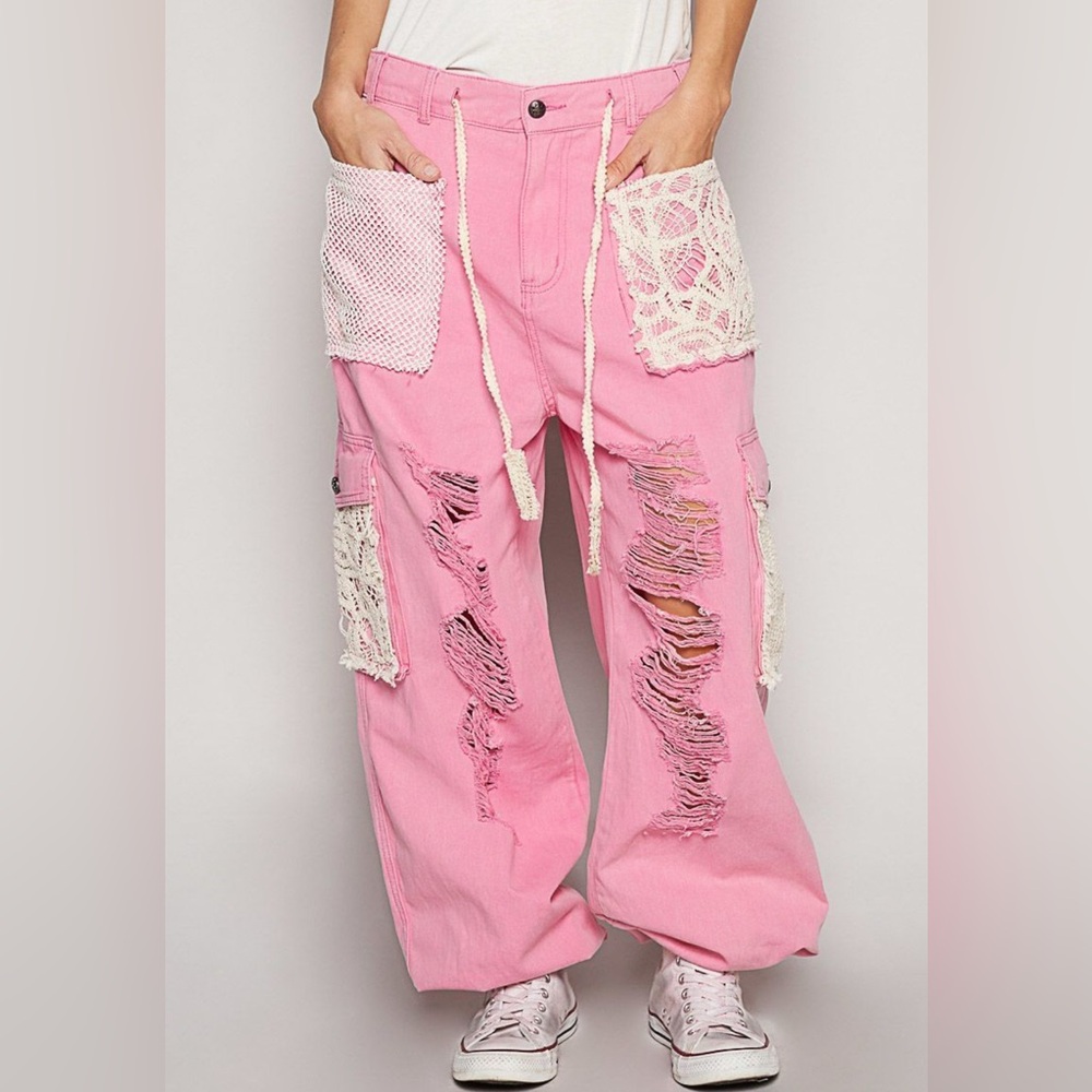 POL Pink Distressed Joggers with Lace Accents - Picture 2 of 3